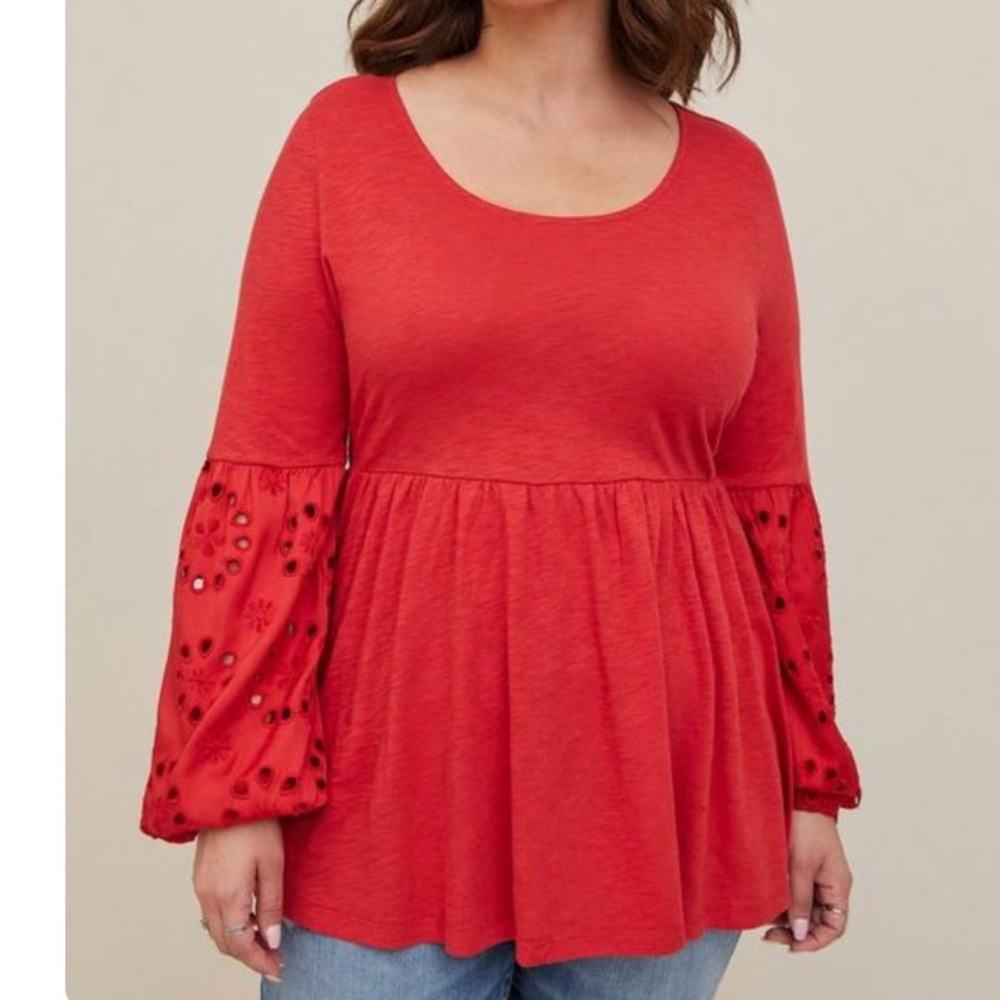 Torrid Red Slub Scoop Neck Eyelet Sleeve Babydoll Top 3X